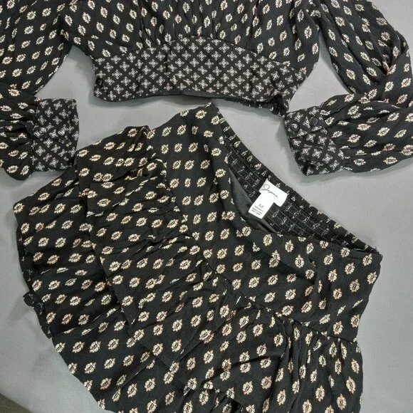 Jopaa Black & White Boho Smocked Crop Top & Tiered Mini Skirt Size M - Picture 2 of 12